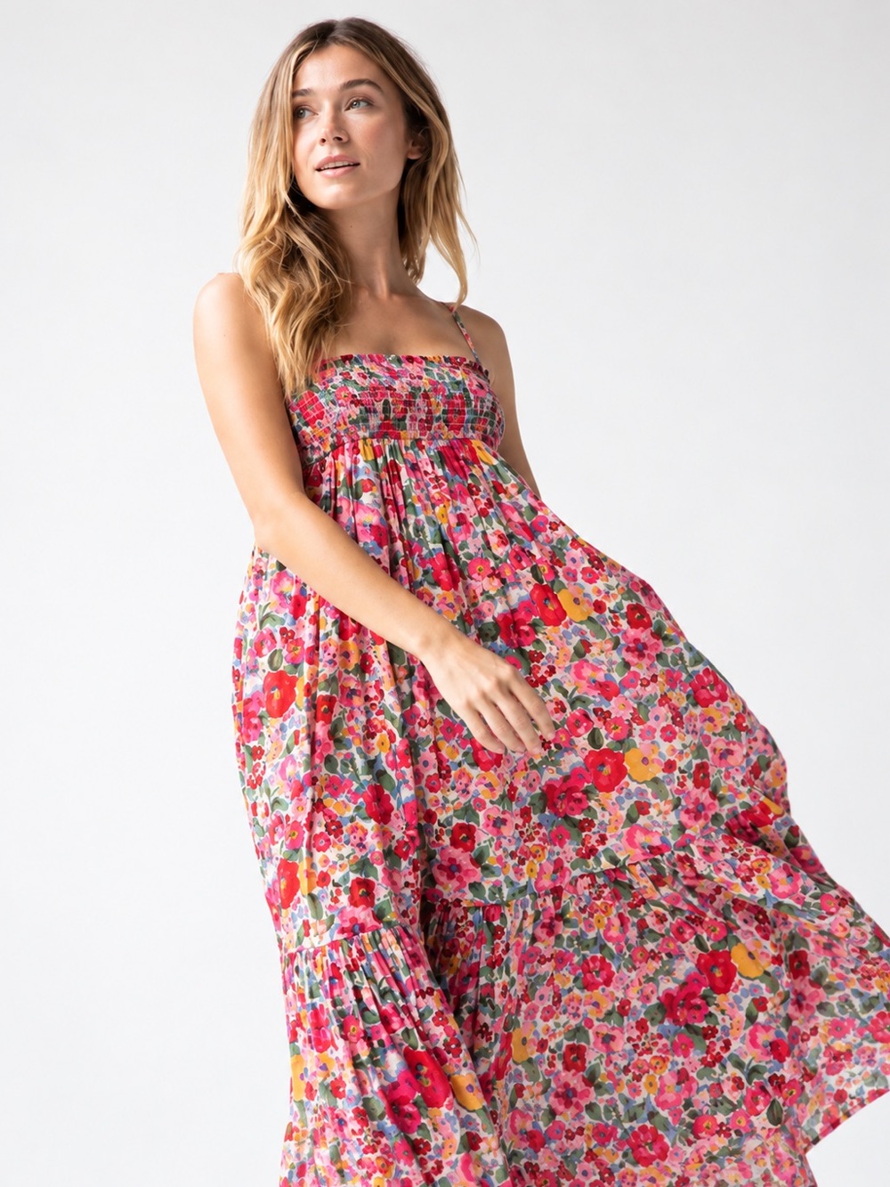 NATURAL LIFE Pink Multi Floral Midi Dress/skirt with Smocked Bodice Size M